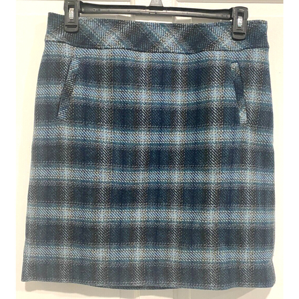 Talbots Women's Skirt Size 10 Blue Wool Blend Plaid Lined Short Straight